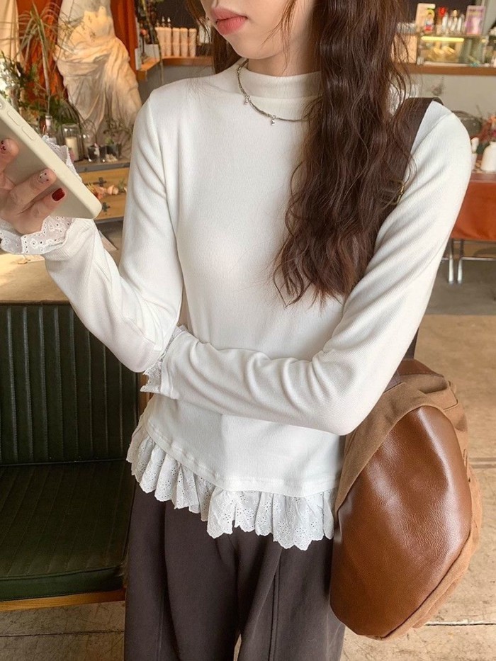 Tinh khiết mong muốn ren bên trong đáy áo sơ mi nữ Đức nhung mỏng dài tay nửa cao cổ hàng đầu hợp t | BigBuy360 - bigbuy360.vn