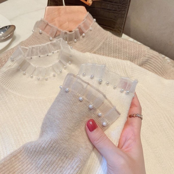 Xiaoxiang Ngọc Trai Ren Nửa Áo Len Cao Cổ Nữ Đáy Dệt Kim Slim Fit Dài Tay Nữ | BigBuy360 - bigbuy360.vn