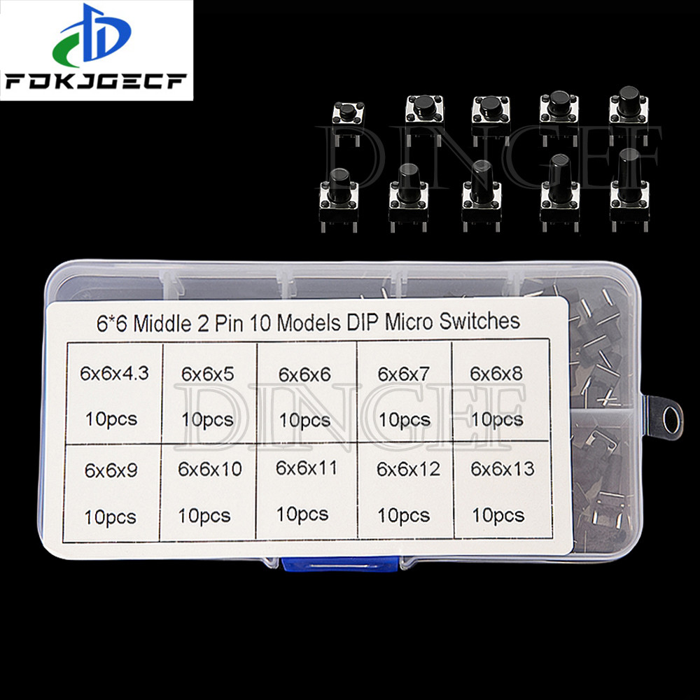 10Values 100 Chiếc Micro Tactile Switch Tạm Thời Tact DIP Switch 2Pin 6x6mm Micro Touch Nút Nhấn Côn