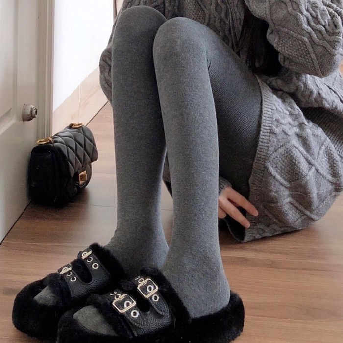 Jijia nhung dày màu xám khói quần legging màu nâu ấm áp sọc dọc xà cạp màu bột yến mạch