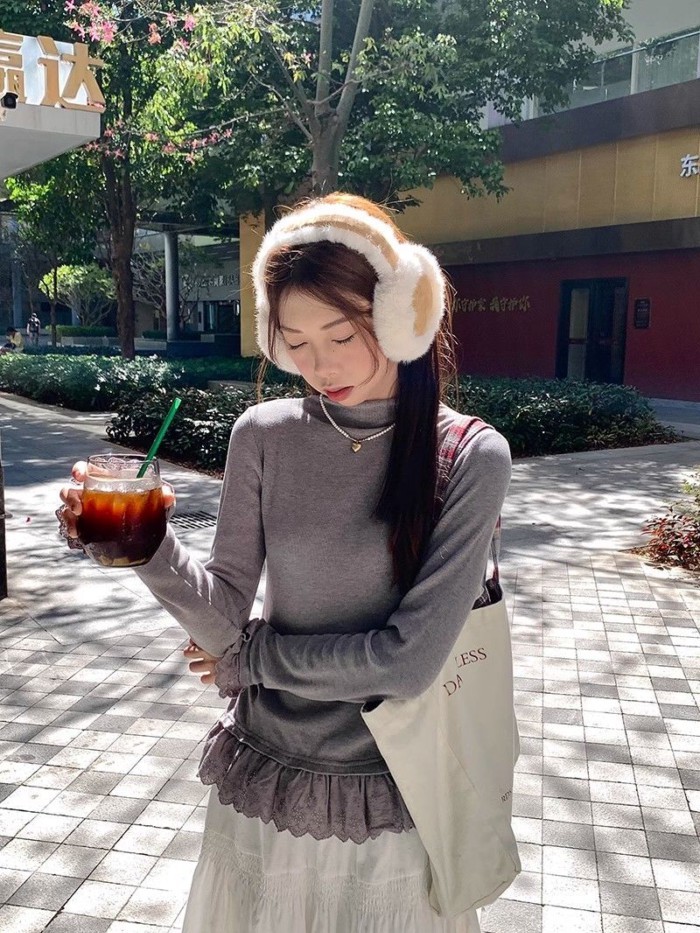 Tinh khiết mong muốn ren bên trong đáy áo sơ mi nữ Đức nhung mỏng dài tay nửa cao cổ hàng đầu hợp t | BigBuy360 - bigbuy360.vn