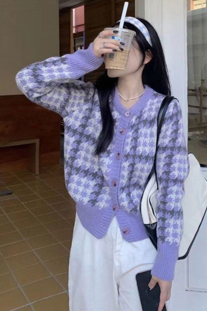 Áo len dệt kim ngọt ngào houndstooth phong cách Nhật Bản và Hàn Quốc mùa xuân thu tương phản màu sắ | BigBuy360 - bigbuy360.vn