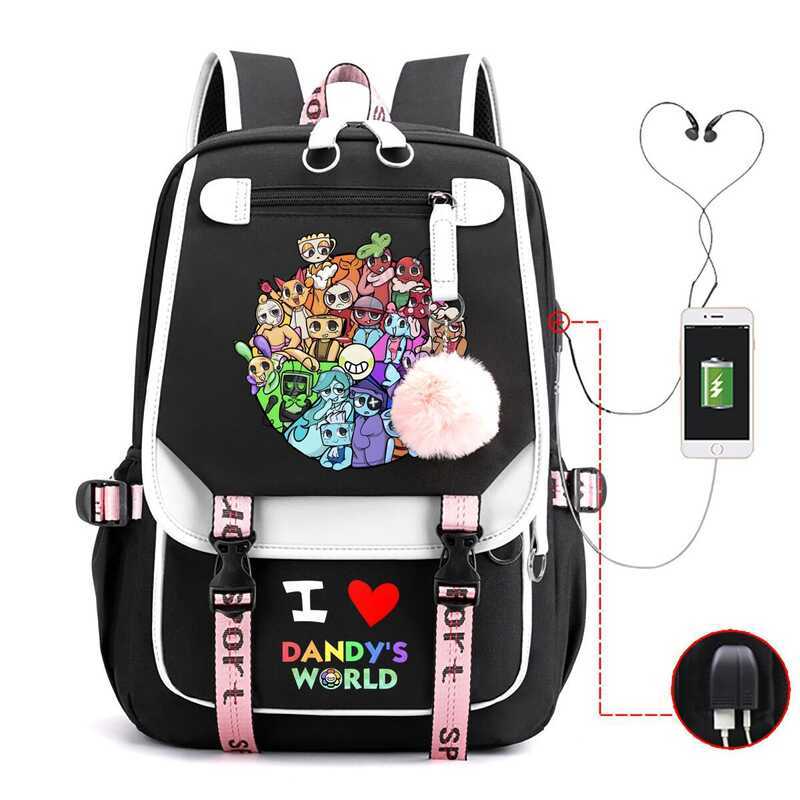 Dy 's Cartoon Print Học sinh tiểu học và trung học Schoolbag Màu sắc tương phản Unisex USB Ba lô thô