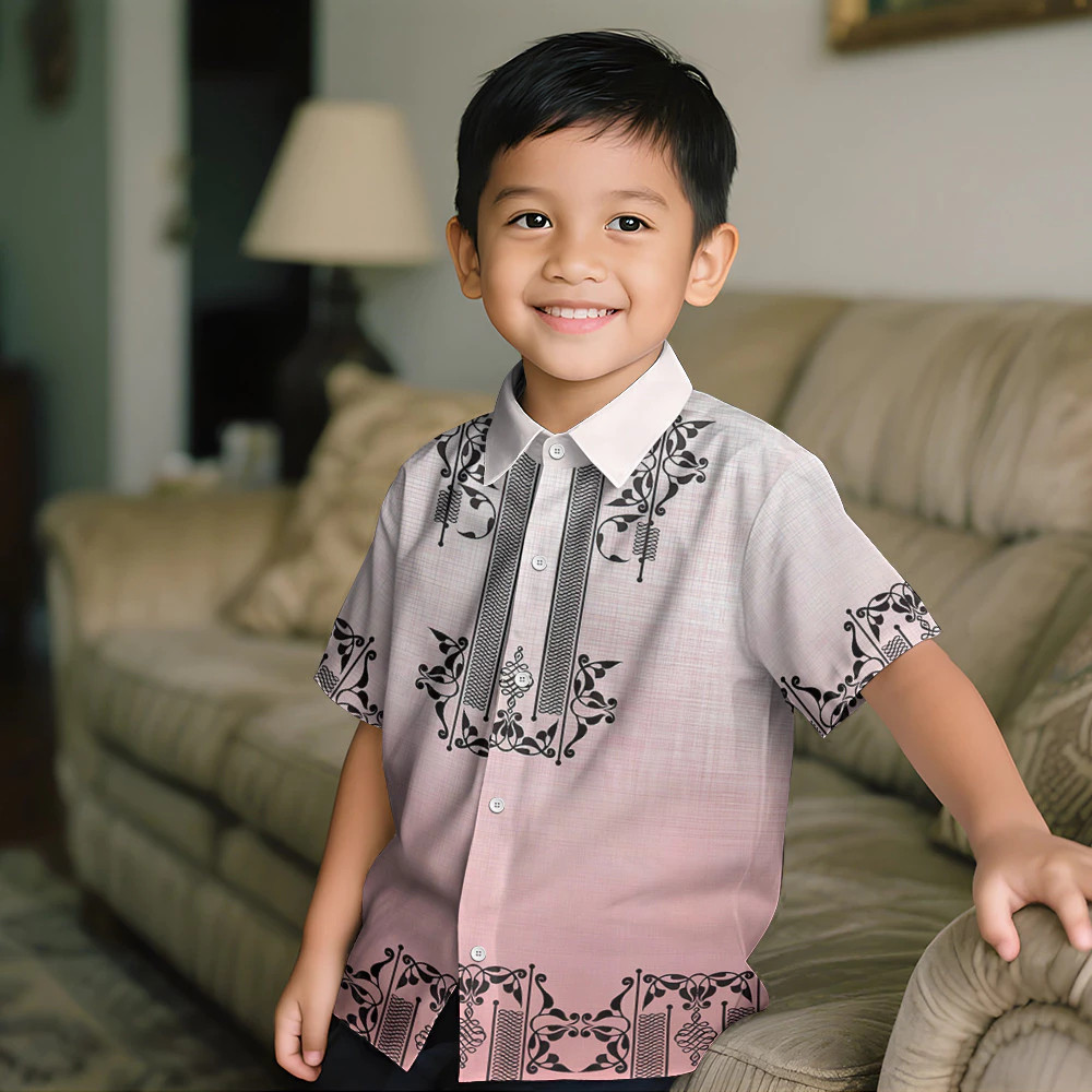 (JING01) 2025 Buwan ng Wika Celebration Ombre Trắng Đen Trẻ Em Barong Tagalog Tay Ngắn Tập Đi 3D Thă