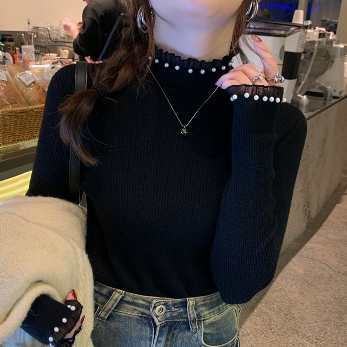 Xiaoxiang Ngọc Trai Ren Nửa Áo Len Cao Cổ Nữ Đáy Dệt Kim Slim Fit Dài Tay Nữ | BigBuy360 - bigbuy360.vn