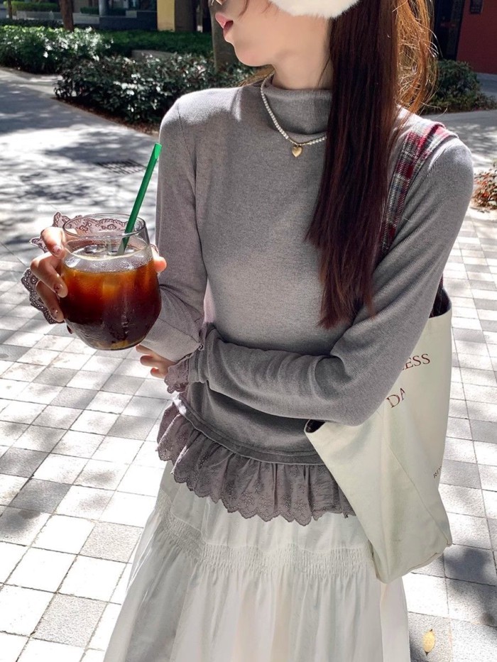 Tinh khiết mong muốn ren bên trong đáy áo sơ mi nữ Đức nhung mỏng dài tay nửa cao cổ hàng đầu hợp t | BigBuy360 - bigbuy360.vn