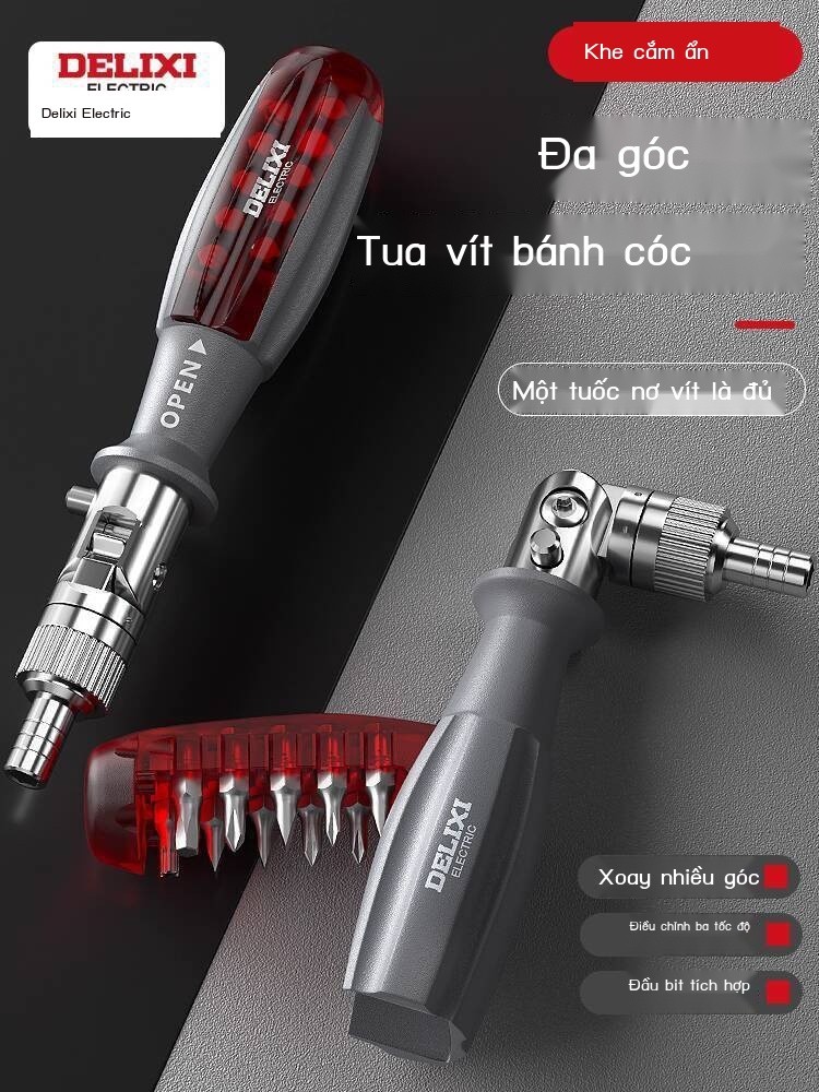 HOT- [ Ảnh thật ] Bộ điện Delixi đầu phẳng Phillips Ratchet đa năng công cụ tua vít độ cứng cao