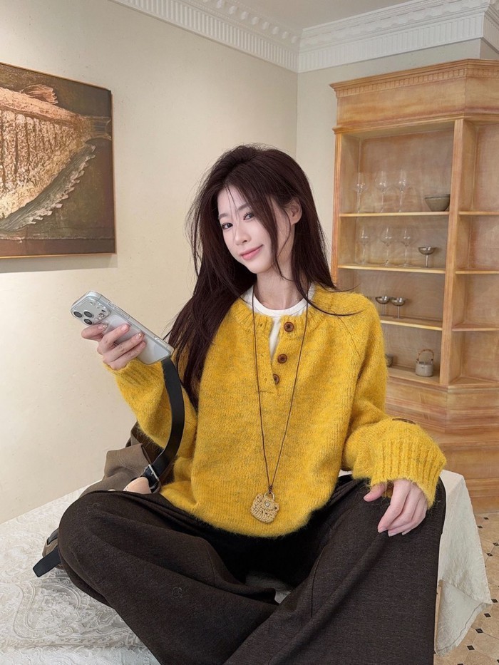 Áo len chui đầu dài tay, áo len nửa hở mùa, áo dày dặn phong cách Hàn Quốc | BigBuy360 - bigbuy360.vn