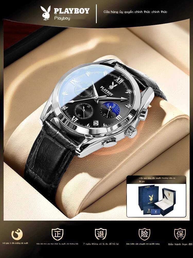 (HÀNG HOT) Đồng nam Playboy chính hãng 2025, mẫu mới, dây da thương hiệu, đồng hồ cơ, quà tặng cho