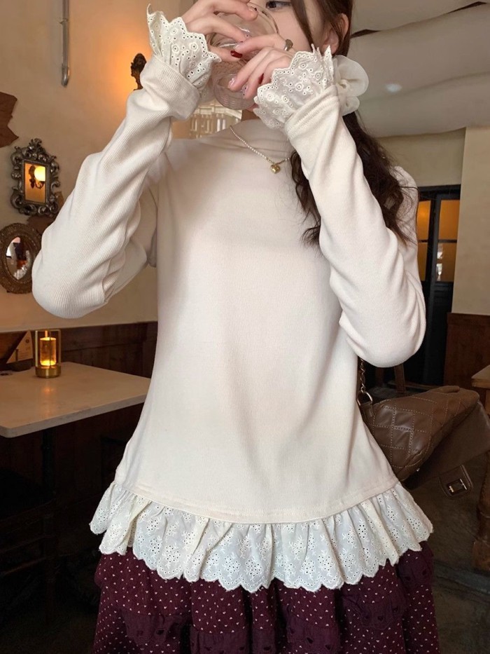 Tinh khiết mong muốn ren bên trong đáy áo sơ mi nữ Đức nhung mỏng dài tay nửa cao cổ hàng đầu hợp t | BigBuy360 - bigbuy360.vn