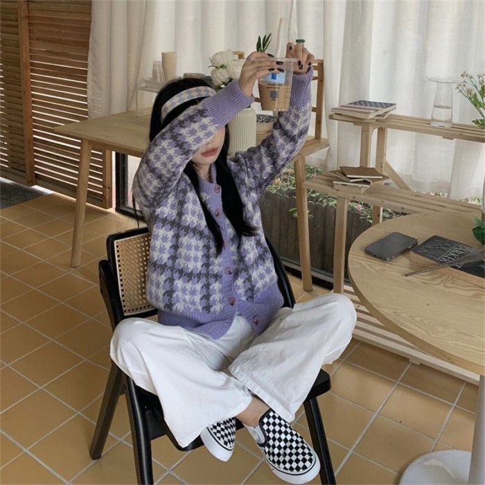 Áo len dệt kim ngọt ngào houndstooth phong cách Nhật Bản và Hàn Quốc mùa xuân thu tương phản màu sắ | BigBuy360 - bigbuy360.vn