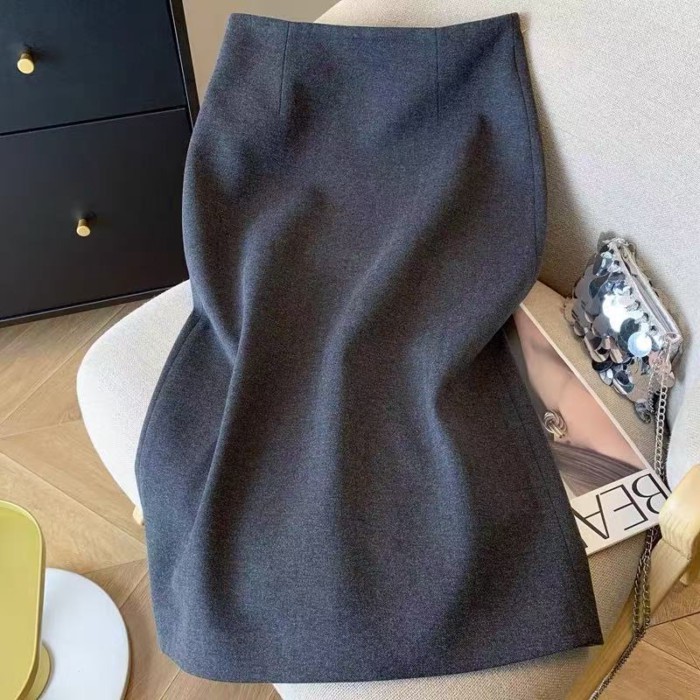 Phong cách Pháp nhẹ nhàng và tinh tế váy xám trí tuệ đi làm váy len thẳng xẻ lưng cao | BigBuy360 - bigbuy360.vn