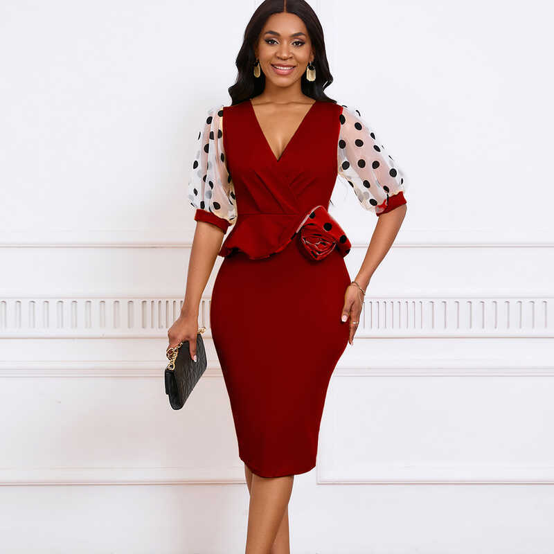 D502 Đầm ngoại thương mùa hè với cổ chữ V, tay phồng - Thiết kế sang trọng