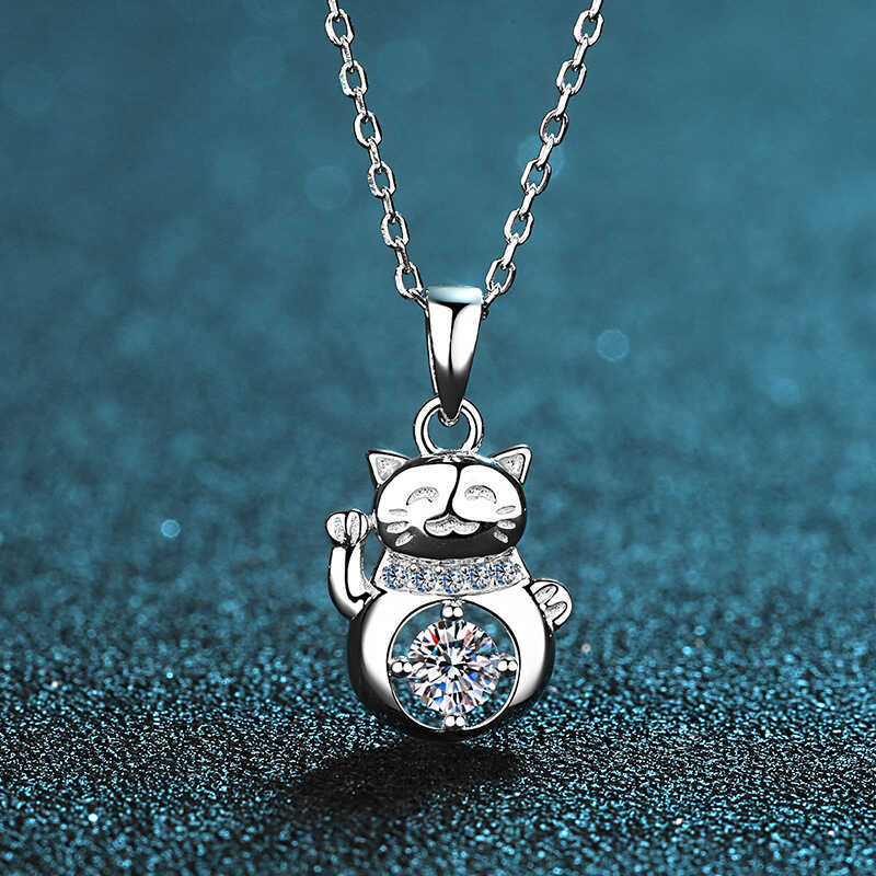 S925 Sterling Bạc Moissanite Necklace Hình Mèo May Mắn Dễ Thương
