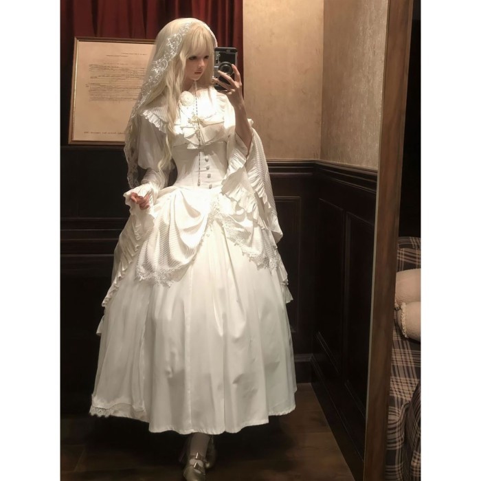 H Màu trắng tinh khiết Gothic phong cách nữ tu lolita váy lolita váy dài váy áo sơ mi tay SK thanh