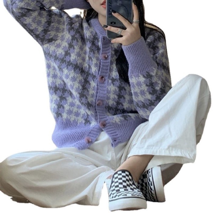 Áo len dệt kim ngọt ngào houndstooth phong cách Nhật Bản và Hàn Quốc mùa xuân thu tương phản màu sắ | BigBuy360 - bigbuy360.vn