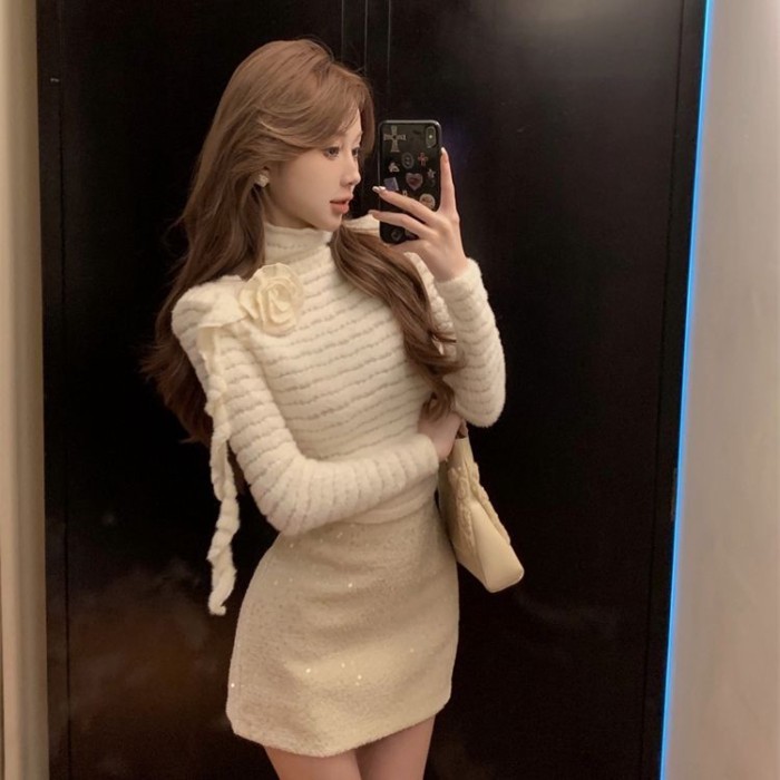 Short Floral Furry Tops For Women In Autumn And Winter Half Turtleneck Knitted Bottoming Shirt W