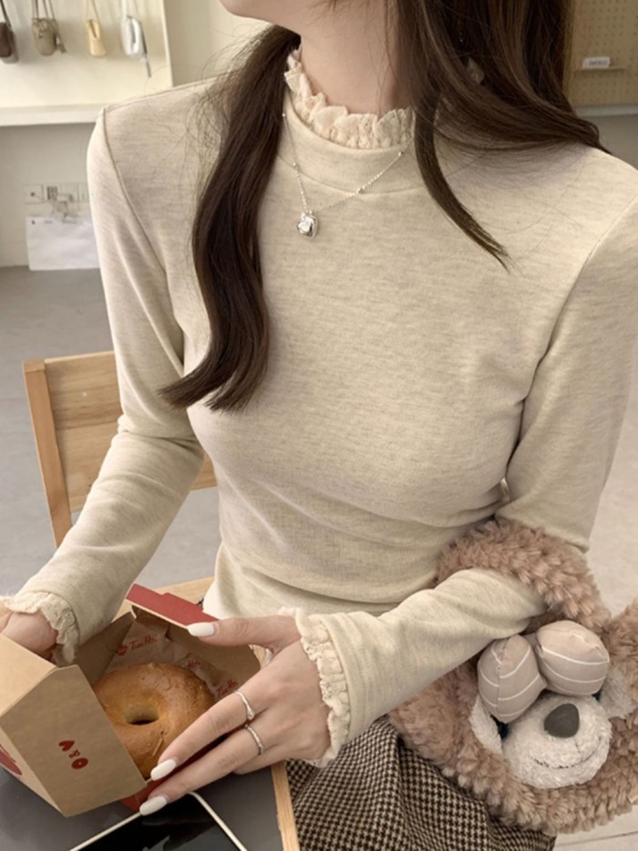 Áo thun dài tay nửa cổ phối ren nhung dành cho nữ, áo sơ mi đáy ấm, thon gọn, sang trọng | BigBuy360 - bigbuy360.vn