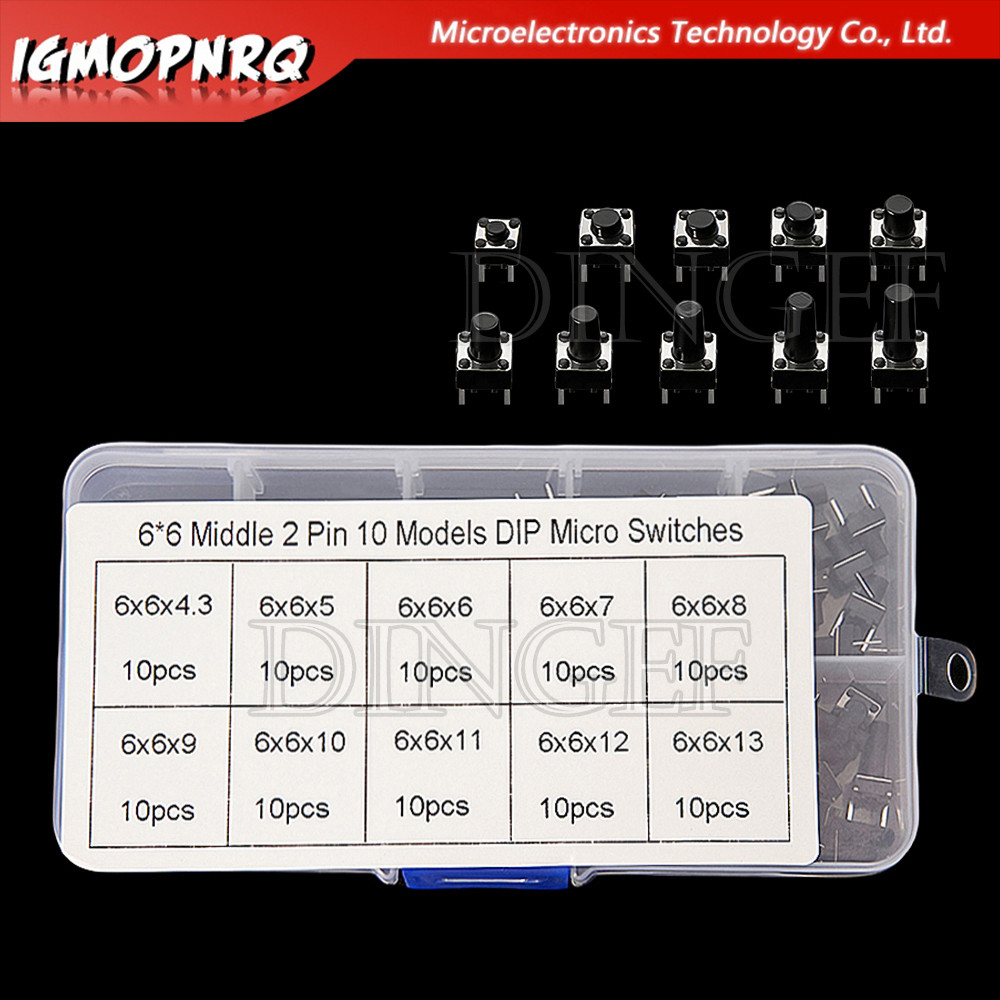 10Values 100 Chiếc Micro Tactile Switch Tạm Thời Tact DIP Switch 2Pin 6x6mm Micro Touch Nút Nhấn Côn