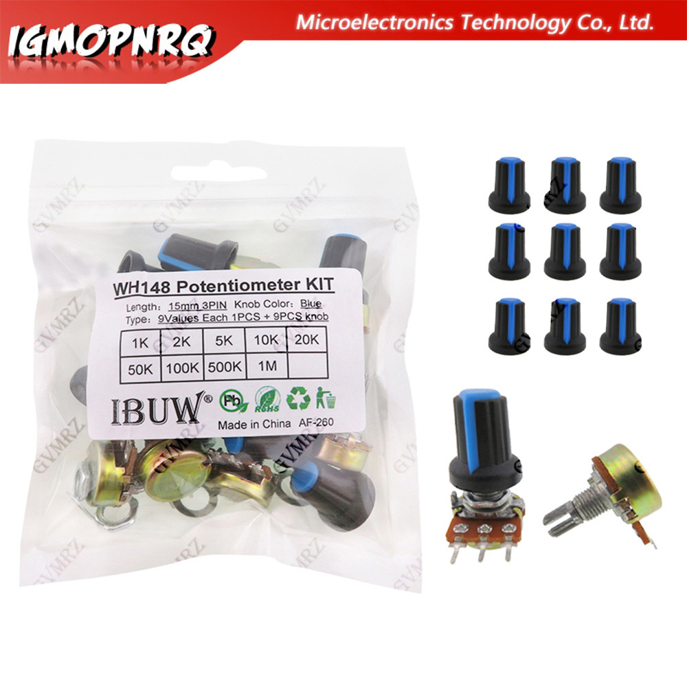 18 CÁI (9Values + 9Knobs) WH148 Bộ áp suất (1K-1MΩ 15mm 3PIN) có núm màu xanh cho thiết bị âm thanh 