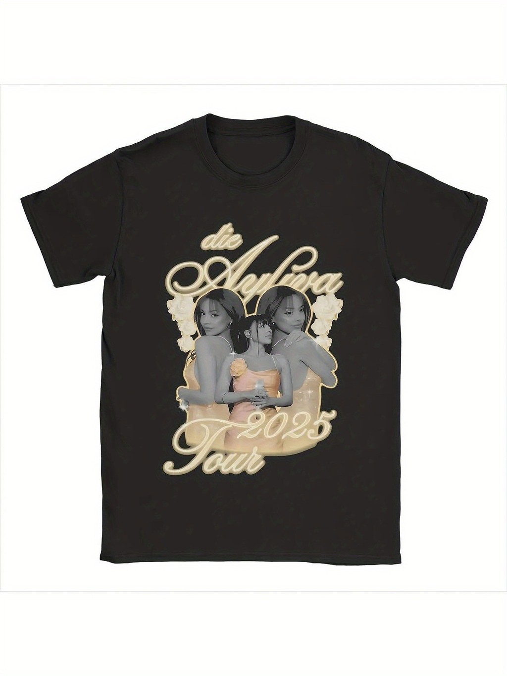 Áo thun unisex cotton Ayliva - Màu đen in họa tiết bohemian màu vàng, cổ tròn, fit thoải mái, phù hợ