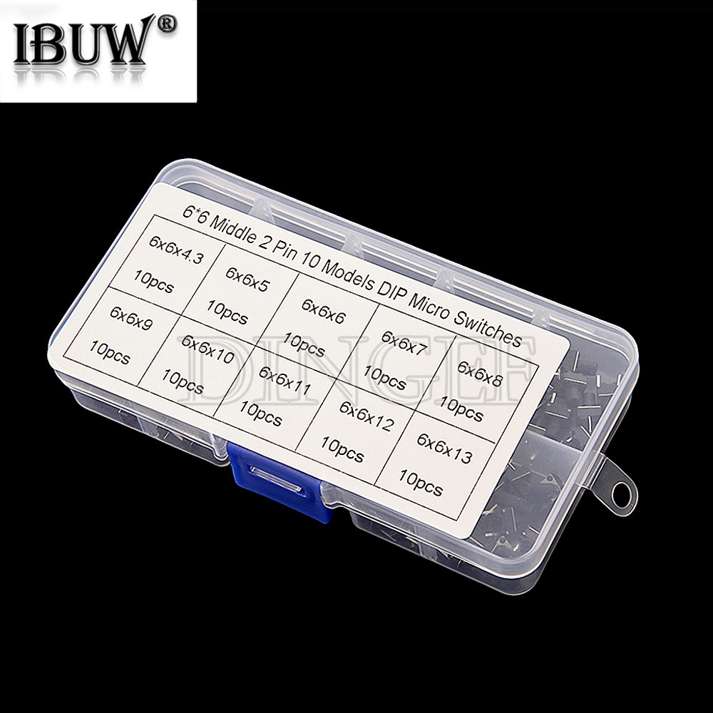10Values 100 Chiếc Micro Tactile Switch Tạm Thời Tact DIP Switch 2Pin 6x6mm Micro Touch Nút Nhấn Côn