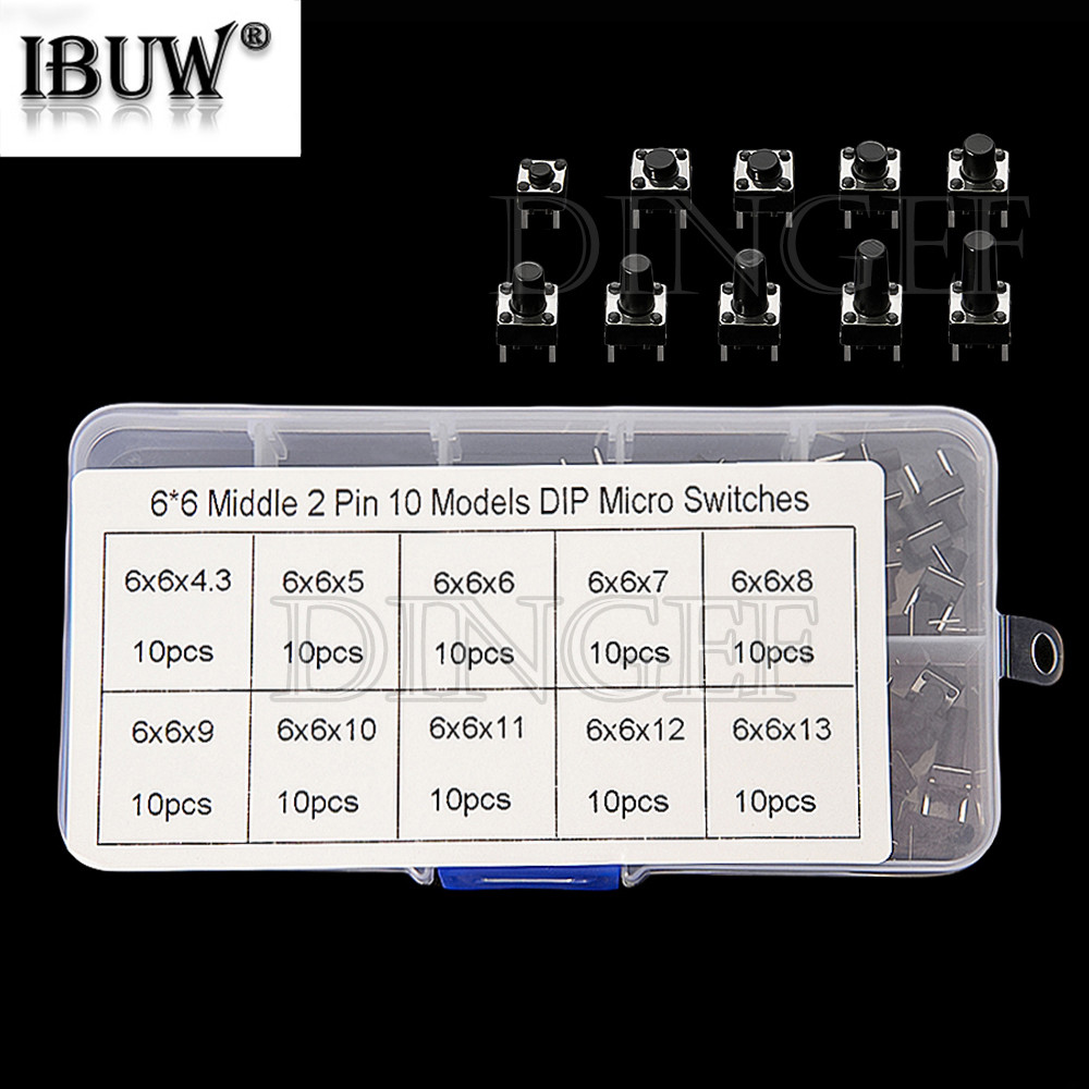 10Values 100 Chiếc Micro Tactile Switch Tạm Thời Tact DIP Switch 2Pin 6x6mm Micro Touch Nút Nhấn Côn