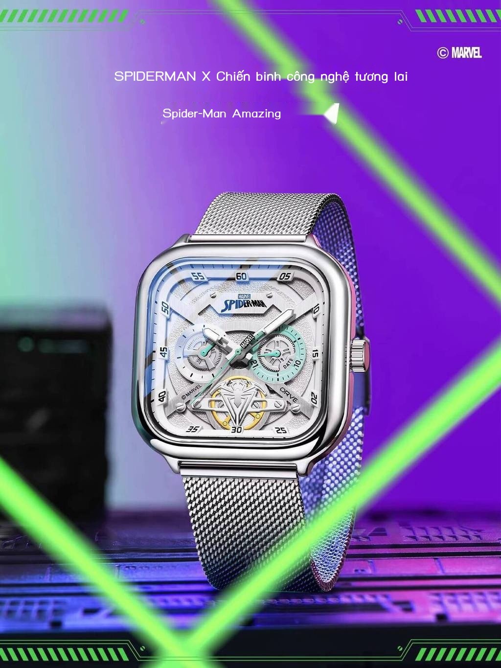 HOT- [ Ảnh thật ] Đồng hồ chính hãng Marvel nam, hình vuông, cơ khí, quà tặng sinh nhật cho nam giớ