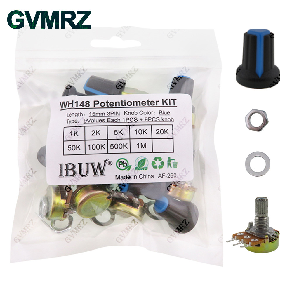 18 CÁI (9Values + 9Knobs) WH148 Bộ áp suất (1K-1MΩ 15mm 3PIN) có núm màu xanh cho thiết bị âm thanh 