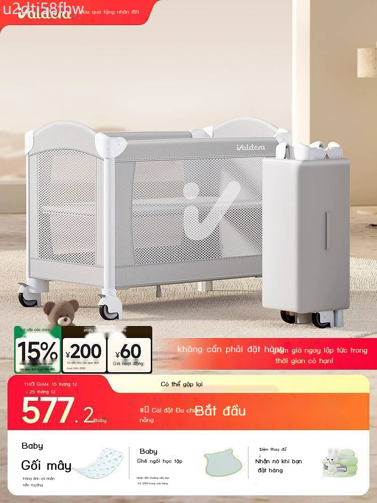 [Đa Năng] Giường Valdera có thể gập lại, động, ghép nối, giường lớn đa chức năng, cũi di động cho e