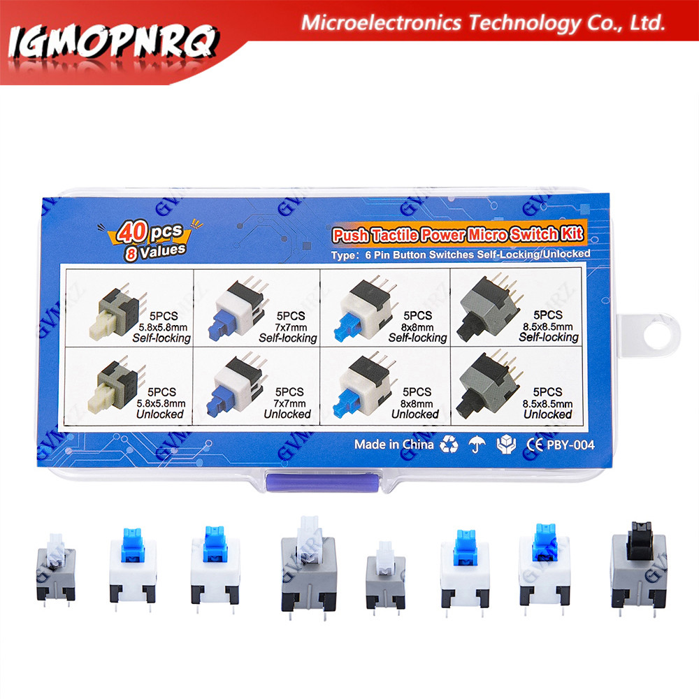40 Chiếc 8Values Đẩy Xúc Giác Micro Switch Kit 6Pin Tự Khóa / Mở Khóa Cho Điện Tử Dự Án DIY