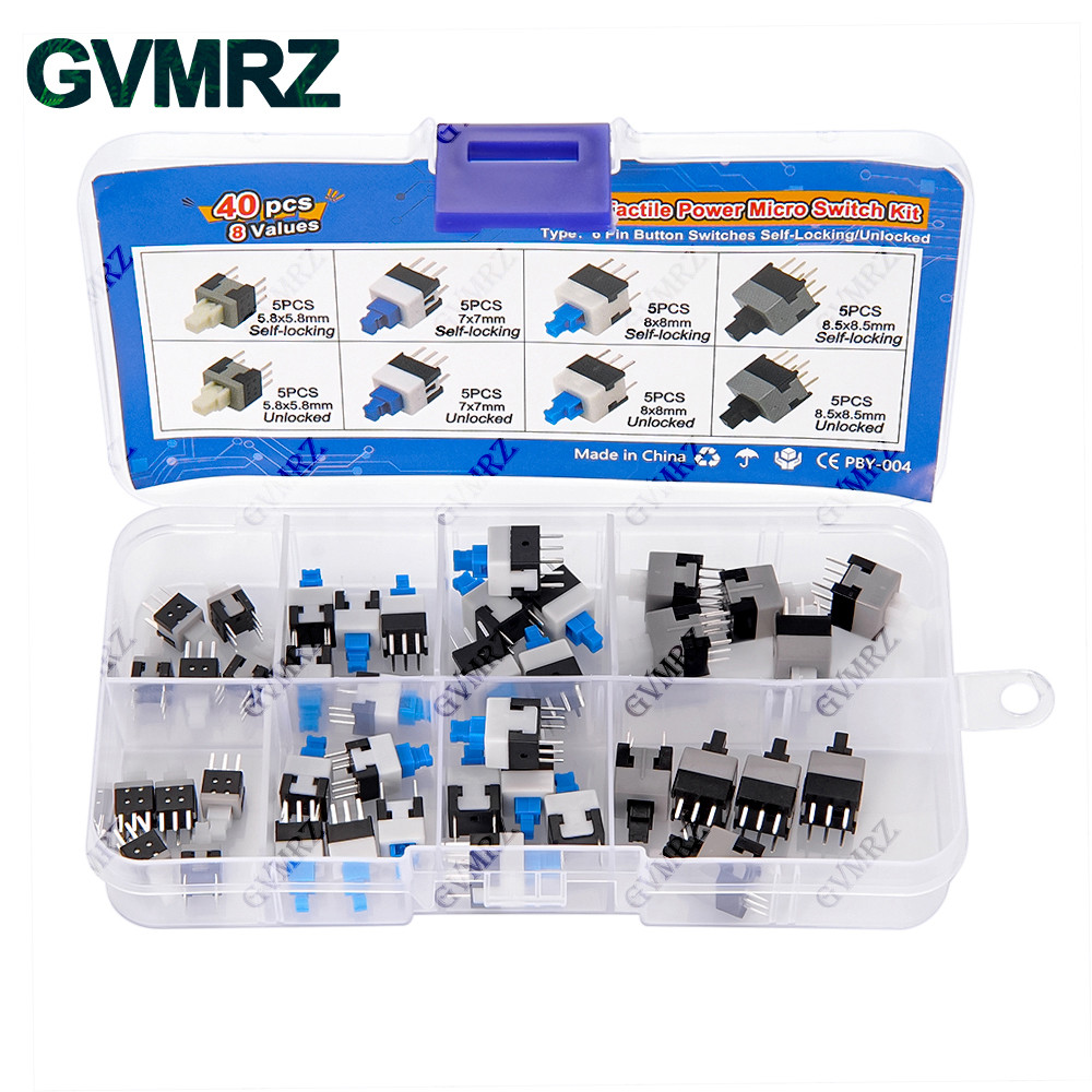 40 Chiếc 8Values Đẩy Xúc Giác Micro Switch Kit 6Pin Tự Khóa / Mở Khóa Cho Điện Tử Dự Án DIY