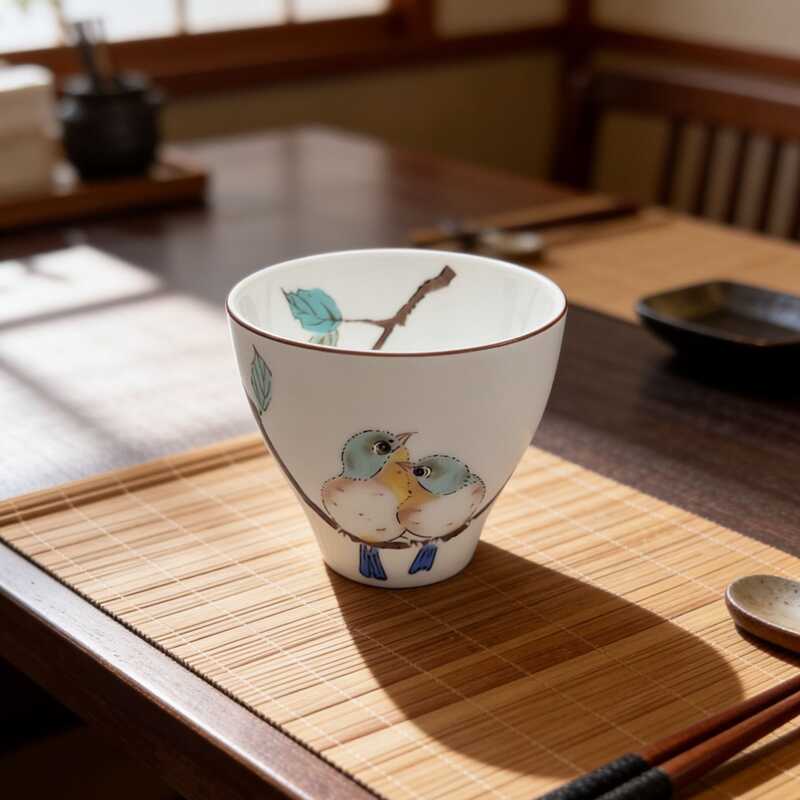 Bộ ấm trà gốm sứ Bản Kutani ware Keimei họa tiết chim yến, phong cách Nhật Bản, sang trọng, dùng làm