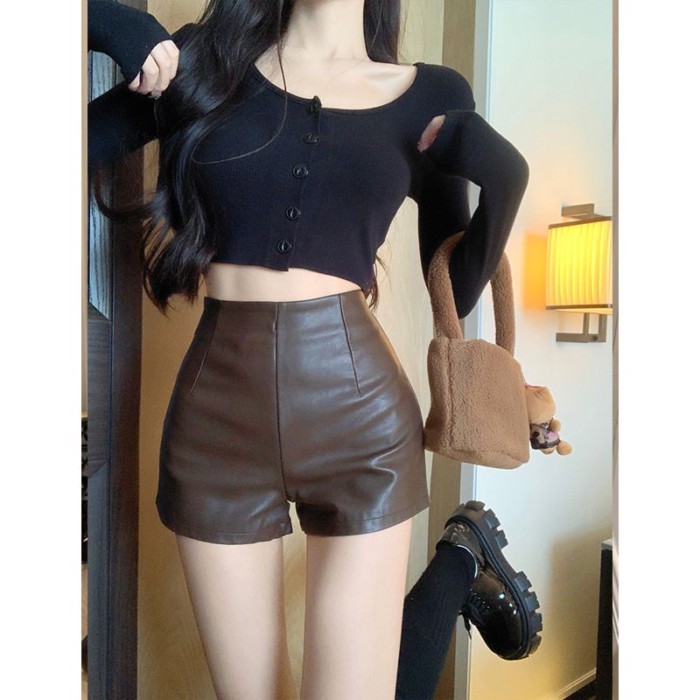 Quần ống rộng cho nữ, quần short da PU cạp cao, dáng ôm, quần legging thông thường, quần bốt hợp th | BigBuy360 - bigbuy360.vn