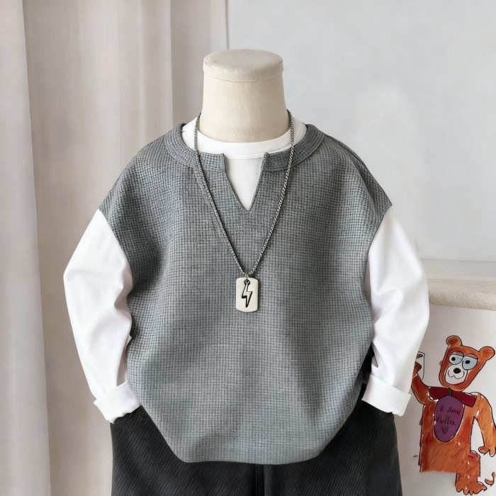 Áo nỉ dài tay bé trai, áo waffle, áo chui đầu xinh xắn, áo phông giả hai dây