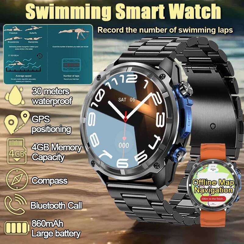 Đồng hồ thông minh thể thao ngoài trời 2025 Swim Smart Watch, màn hình Corning Gorilla Glass, bộ nhớ