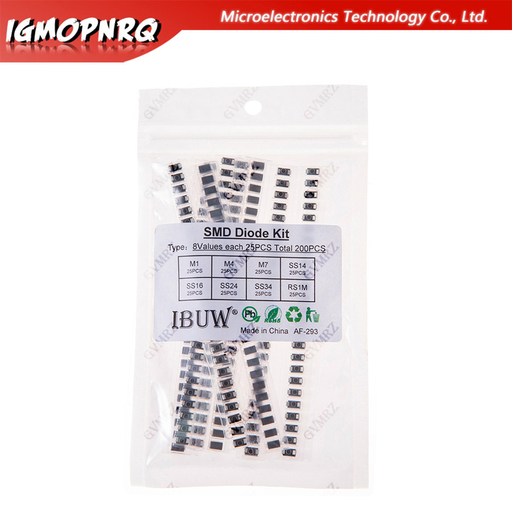 200 CÁI 8Values SMD Diode Kit M1 M4 M7 SS14 SS16 SS24 SS34 RS1M cho các dự án chỉnh lưu điện tử