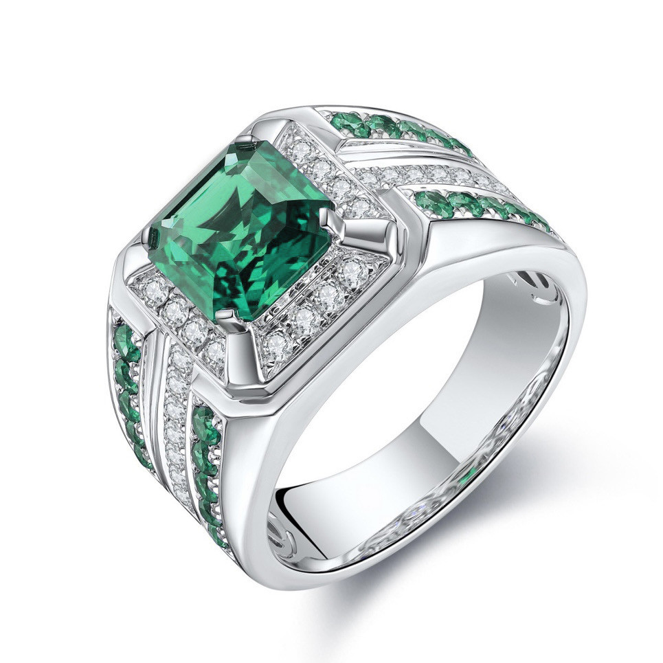 Ruby * Nhẫn nam bạc đính kim cương đầy đủ Nhẫn đính kim cương vuông màu xanh lá cây Nhẫn đính đá Zir