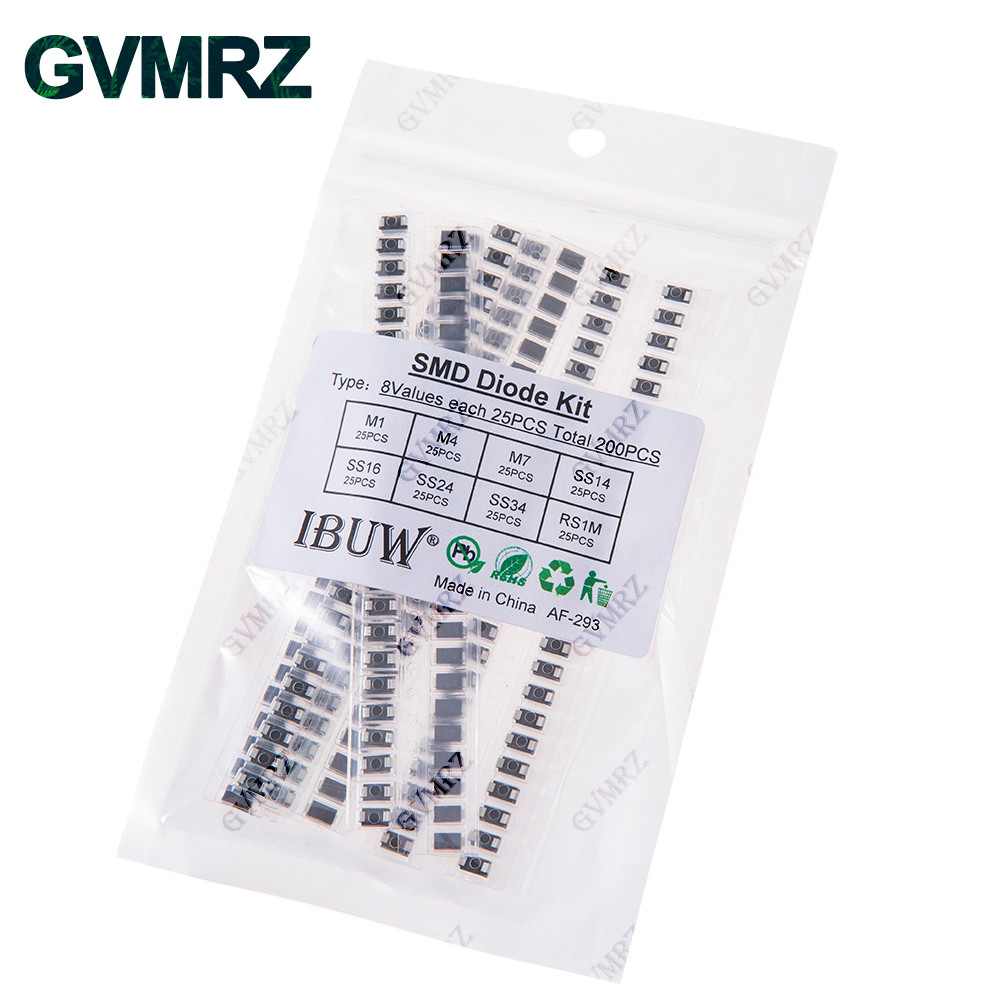 200 CÁI 8Values SMD Diode Kit M1 M4 M7 SS14 SS16 SS24 SS34 RS1M cho các dự án chỉnh lưu điện tử