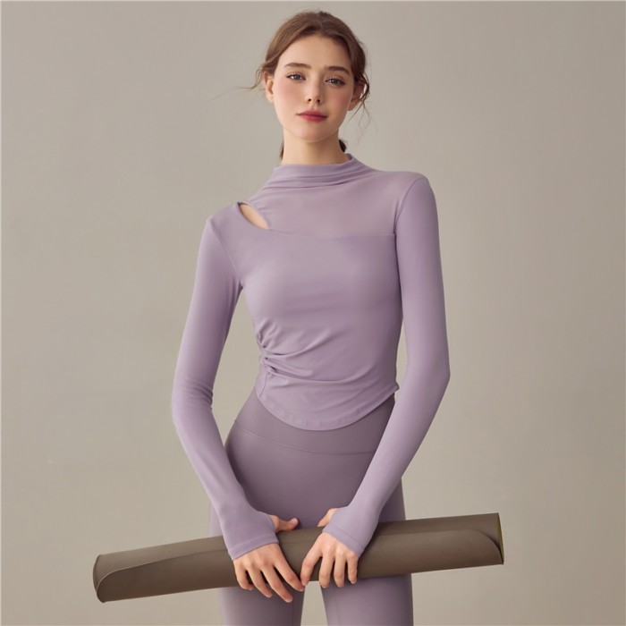 Bộ đồ tập yoga dài tay có đệm ngực cho nữ, áo thun thể thao Pilates, áo tập gym dạng lưới cao cấp
