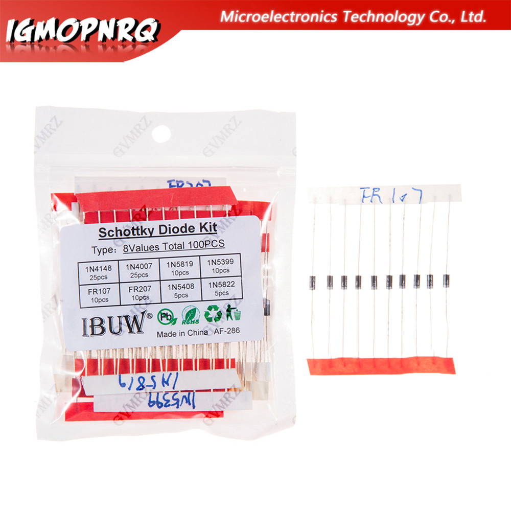 100 Chiếc 8Values Schottky Diode Kit 1N4148 1N4007 1N5819 1N5399 FR107 FR207 1N5408 1N5822 Cho Dự Án