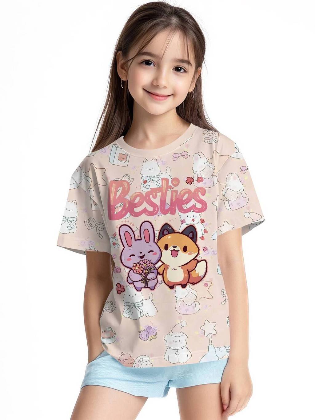 Áo thun ngắn tay hình thỏ và cáo in hình 3d bé gái - Áo mùa hè in hình động vật dễ thương với nhân v
