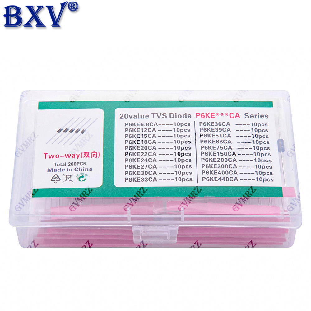 200 CHIẾC P6KE TVS Diode Kit - 20 Giá trị Bộ ức chế điện áp thoáng qua 600W (6,8V đến 75V, Hai chiều