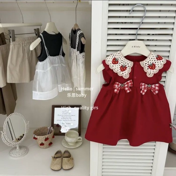 [Leen Baby] Baby Girl Dress Summer Dress Bow Red Strawberry Vest Dress Girl Skirt
