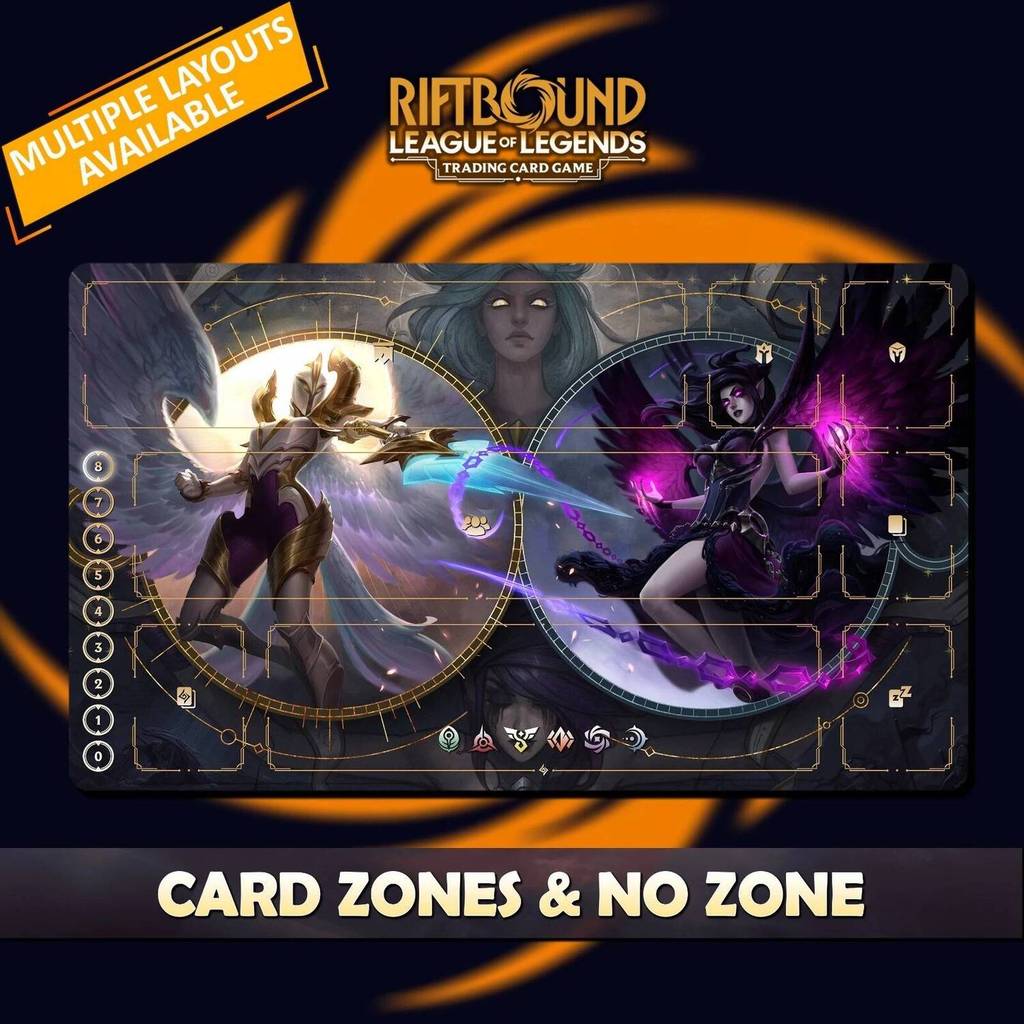 Playmat Kayle x Morgana Riftbound TCG Stitched Edges Anime Game Chống Bàn Thảm 350x600x2mm