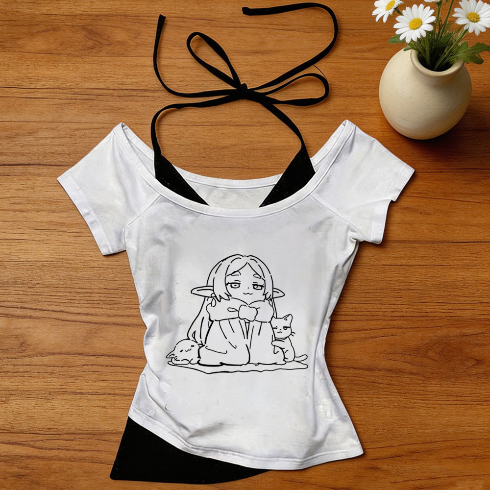 Frieren crop top shoujo cutecore ngộ nghĩnh manga búp bê nhật bản áo thun anime 2000 thời trang hàn 