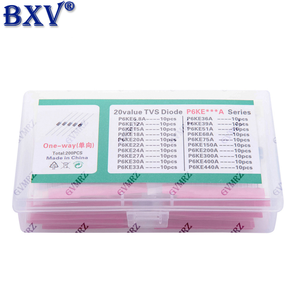 200 CHIẾC P6KE TVS Diode Kit - 20 Giá trị Bộ ức chế điện áp thoáng qua 600W (6,8V đến 75V, một chiều