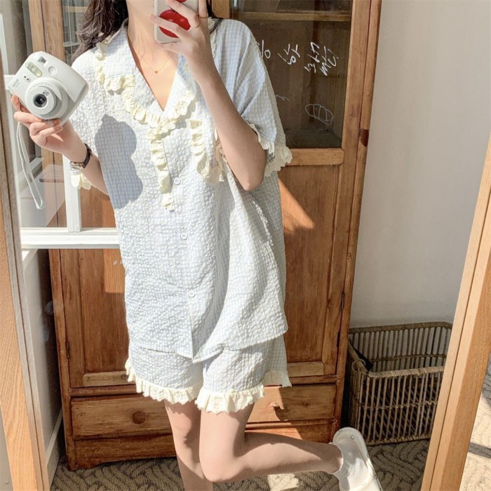 Pajamas For Women Summer Korean Style Short-sleeved Shorts Cardigan Korean Plaid Ins Style Hi