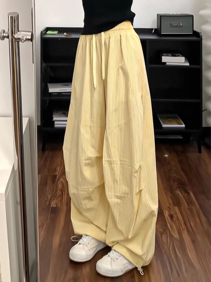 Dopamine Yellow Stripe Embroidered Overalls Women's Summer Thin Loose Casual Wide Leg Pants J