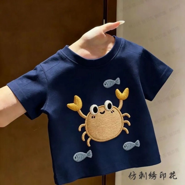 Children's New Summer Style Imitation Embroidery Printed Cute Crab Cartoon Short-sleeved T-shi
